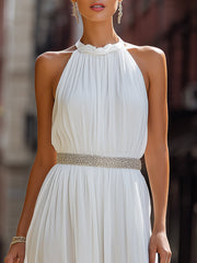 Elegant Halter Neck Pleated Chiffon Maxi Dress