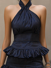 Navy Satin Pinstripe Skirt Set