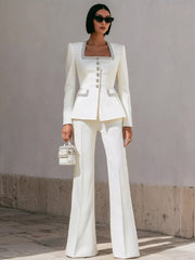 Chic White Structured Suit with Embellished Trim
