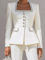 Chic White Structured Suit with Embellished Trim