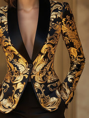 Elegant Black and Gold Floral Baroque Blazer
