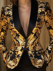 Elegant Black and Gold Floral Baroque Blazer