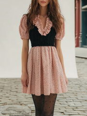 Pink Black Color Block Polka Dot Ruffle Neck Dress