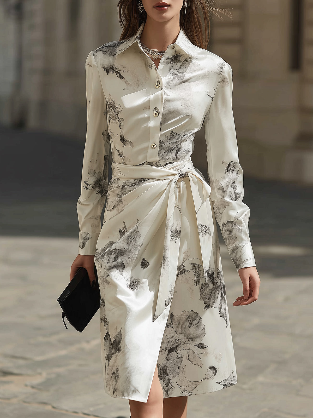 Cream Satin Floral Shirt Dress