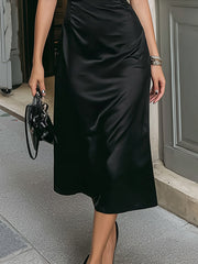 French Style Black Satin Lace Trim Dress