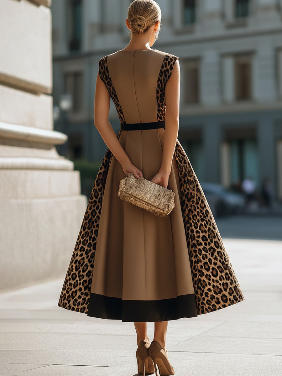 Leopard Panel Belted A-Line Maxi Dress