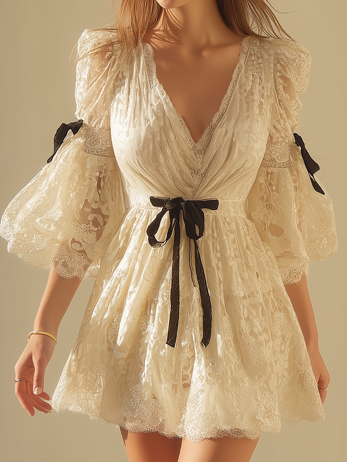 Cream Lace Puff Sleeve Mini Dress