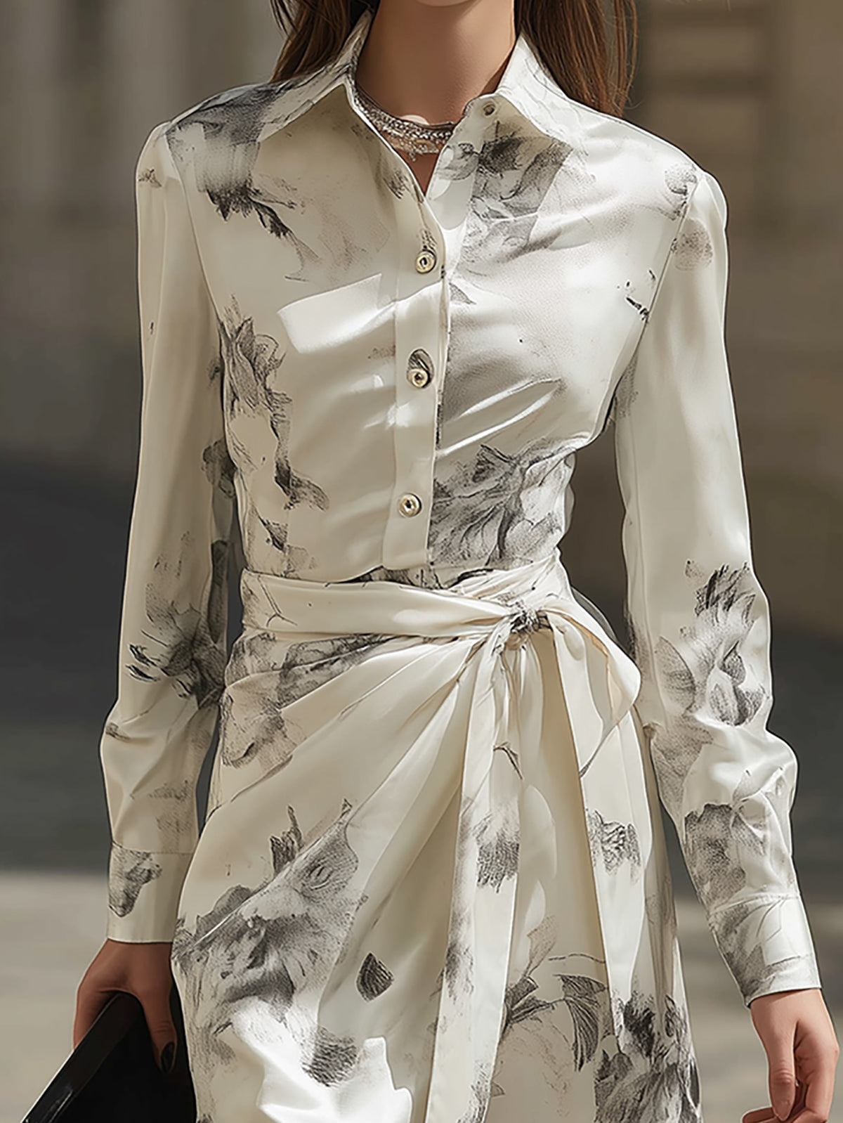 Cream Satin Floral Shirt Dress
