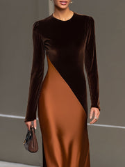 Chocolate Velvet & Satin Color-Block Maxi Dress