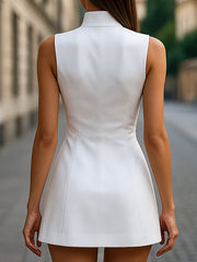 Golden Buttons Satin Sheath Dress with High Collar