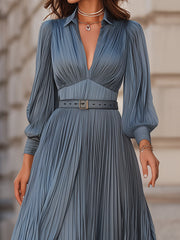 Mooyius Steel Blue Pleated Midi Dress