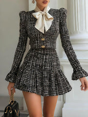 Chicnery Satin Bow Tie Black Tweed Bell-sleeves Top And Pleated Skirt Suits
