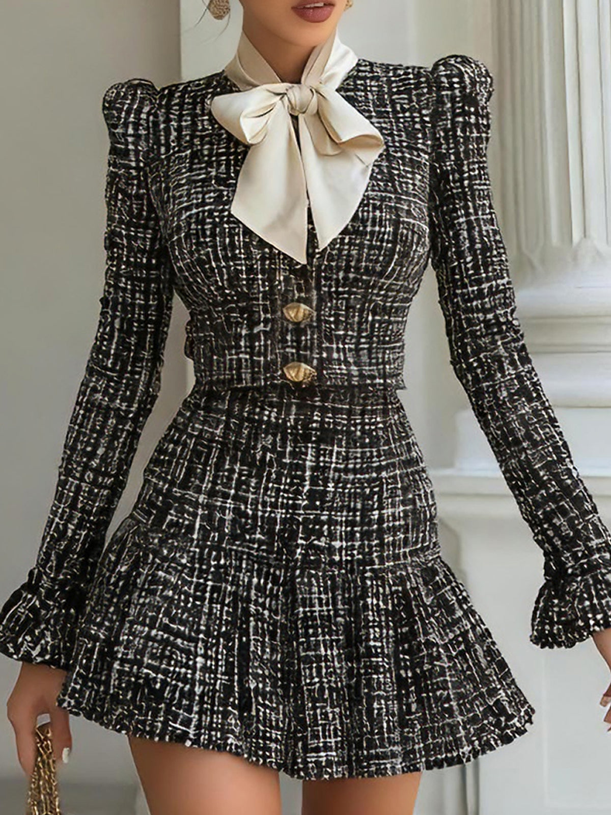 Chicnery Satin Bow Tie Black Tweed Bell-sleeves Top And Pleated Skirt Suits
