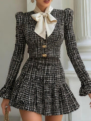 Chicnery Satin Bow Tie Black Tweed Bell-sleeves Top And Pleated Skirt Suits