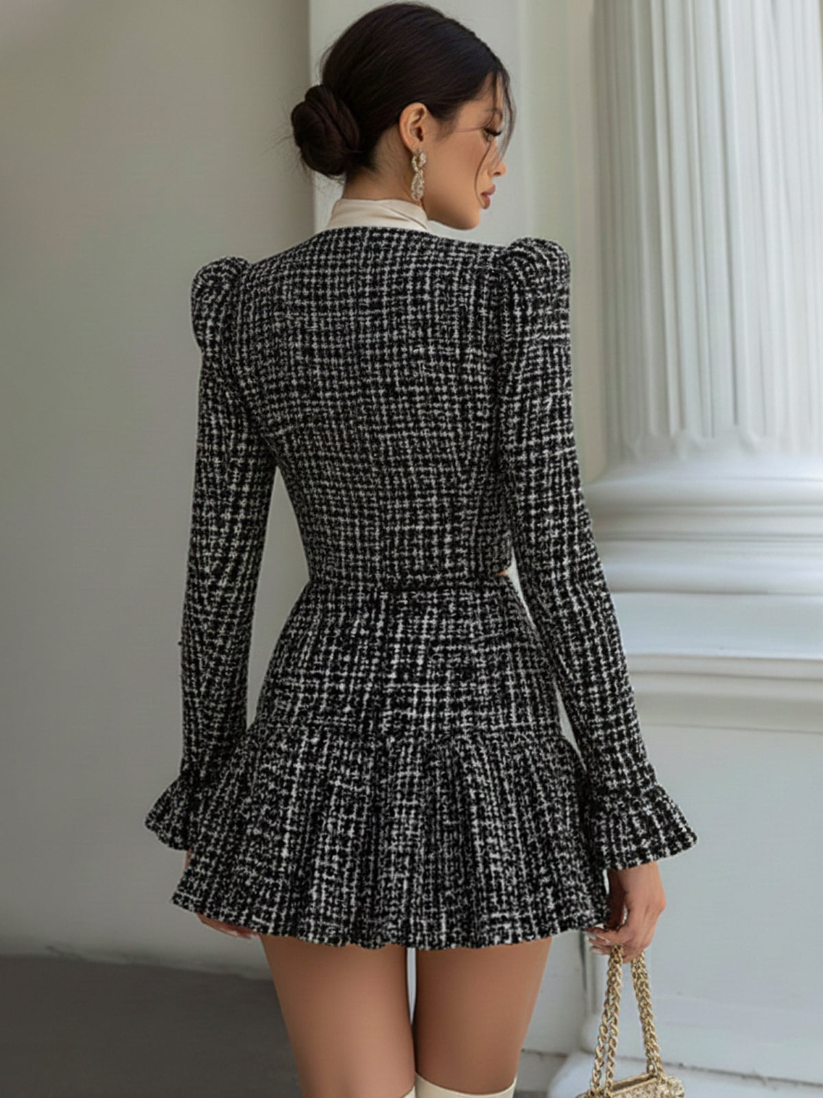 Chicnery Satin Bow Tie Black Tweed Bell-sleeves Top And Pleated Skirt Suits