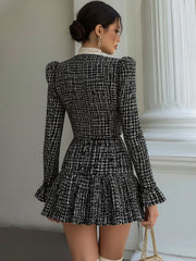 Chicnery Satin Bow Tie Black Tweed Bell-sleeves Top And Pleated Skirt Suits