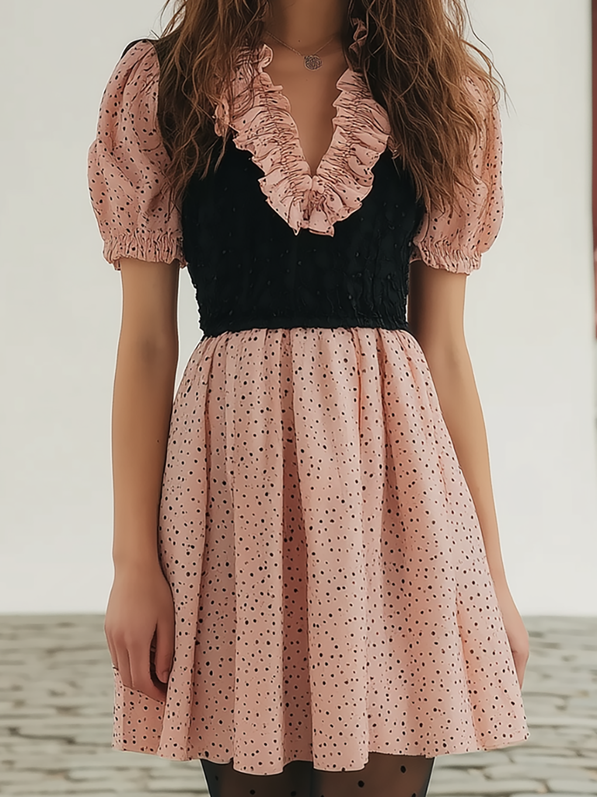 Pink Black Color Block Polka Dot Ruffle Neck Dress