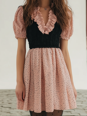Pink Black Color Block Polka Dot Ruffle Neck Dress
