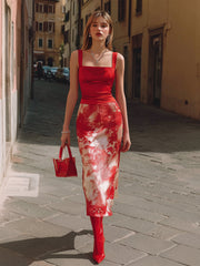 Elegant Red Satin Floral Midi Skirt Set