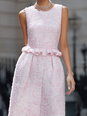 Elegant Pink Tweed Sleeveless Midi Dress