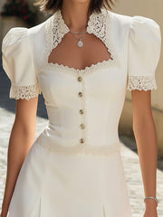 White Lace Trim Puff Sleeve Two Piece Set