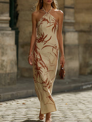 Elegant Beige Linen Blend Botanical Print Maxi Dress