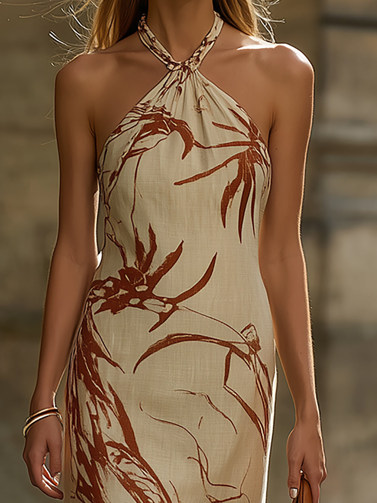 Elegant Beige Linen Blend Botanical Print Maxi Dress