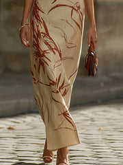 Elegant Beige Linen Blend Botanical Print Maxi Dress