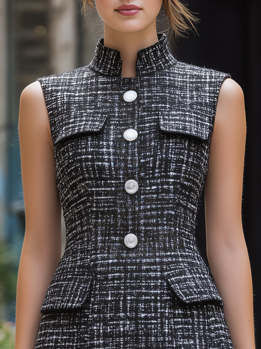 Sleeveless Textured Button-Front Mini Dress