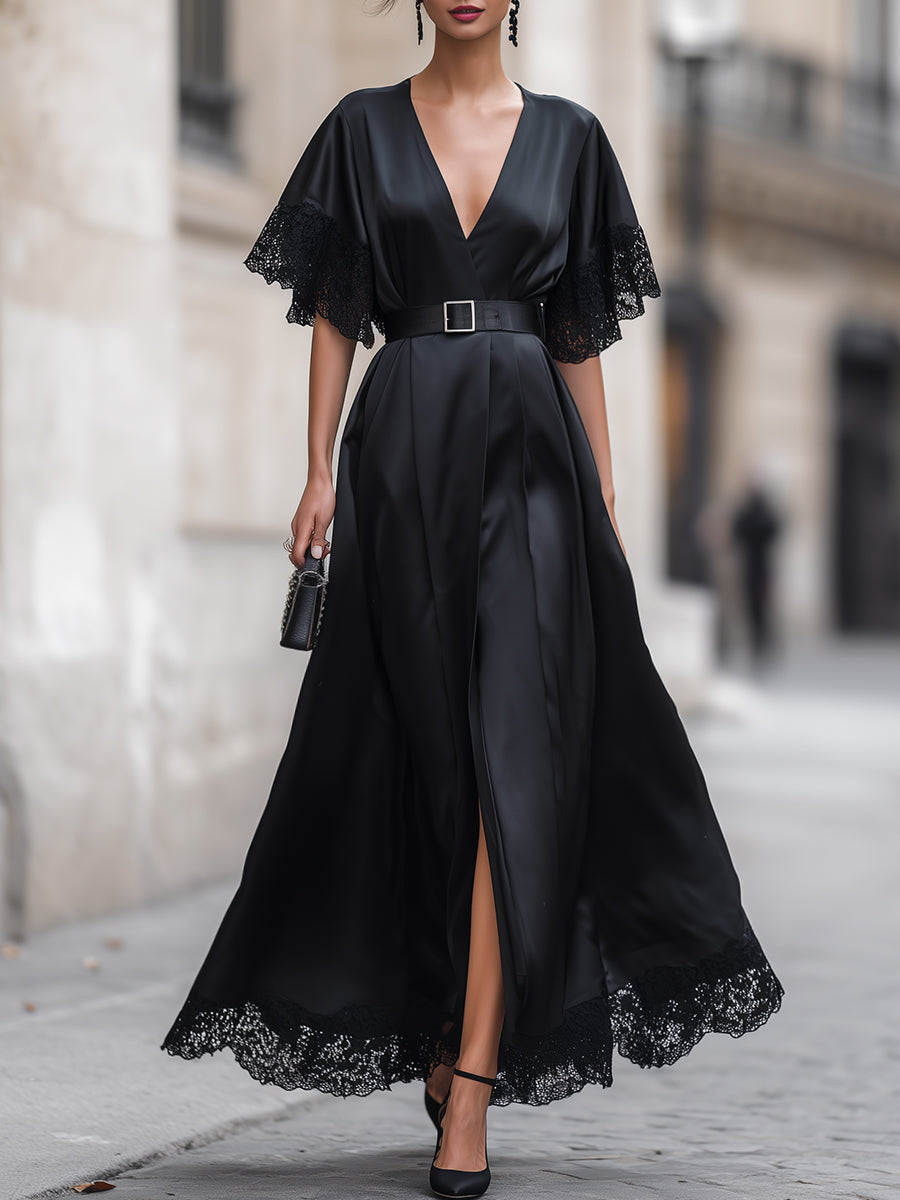 Elegant Satin V-Neck Lace Trim Maxi Dress With Belt
