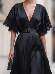 Elegant Satin V-Neck Lace Trim Maxi Dress With Belt
