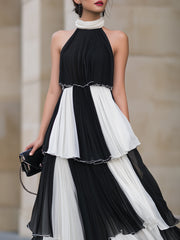 Pleated Color-Block Tiered Halter Maxi Dress