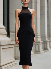 Sheer Panel Halter Neck Elegant Midi Dress
