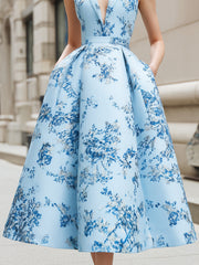 Floral Print Deep V-Neck Sleeveless A-Line Midi Dress