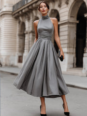 Ruched Halter-Neck Full Skirt Maxi Dress