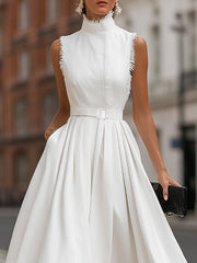 Frayed Trim High-Neck Belted Maxi Dress