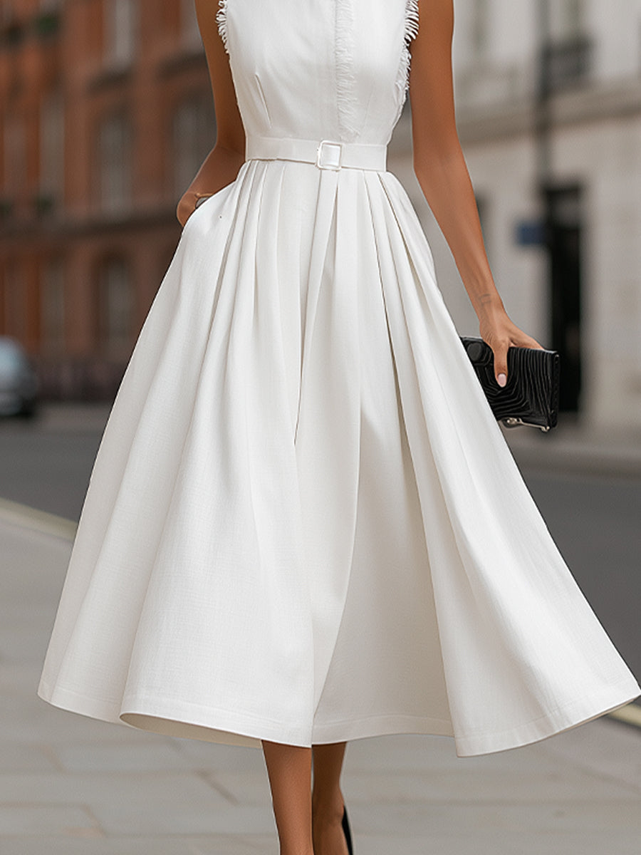 Frayed Trim High-Neck Belted Maxi Dress