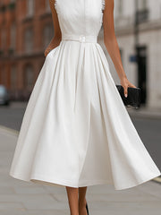 Frayed Trim High-Neck Belted Maxi Dress