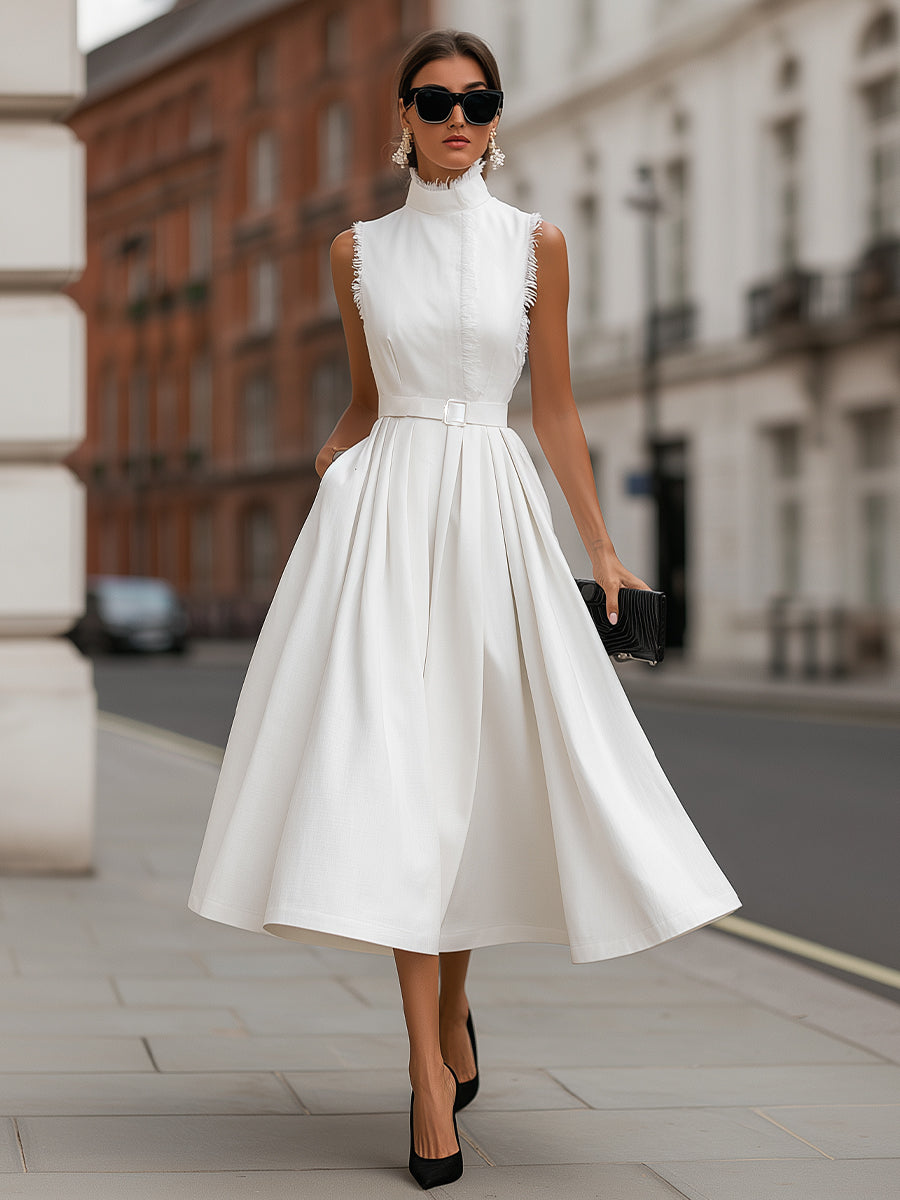 Frayed Trim High-Neck Belted Maxi Dress