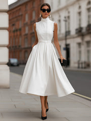 Frayed Trim High-Neck Belted Maxi Dress