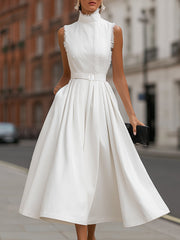 Frayed Trim High-Neck Belted Maxi Dress