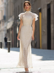 Lace High Neck Flutter Sleeve Maxi Dress