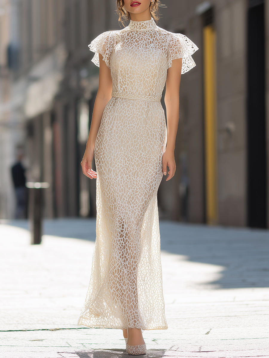 Lace High Neck Flutter Sleeve Maxi Dress