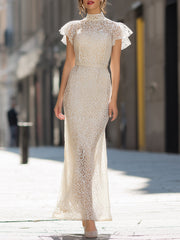 Lace High Neck Flutter Sleeve Maxi Dress