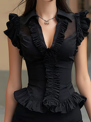 Black Ruffle Peplum Top Mini Skirt Set