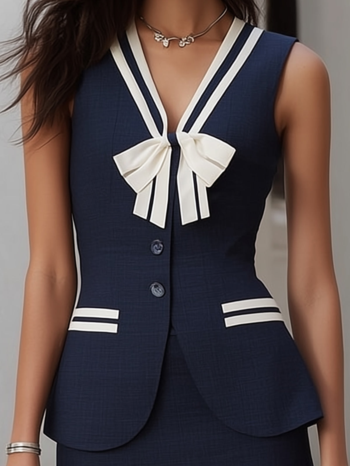 Navy White Trim Bow Two Piece Skirt Set