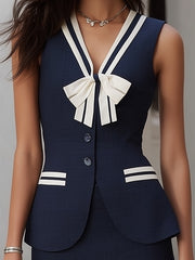 Navy White Trim Bow Two Piece Skirt Set