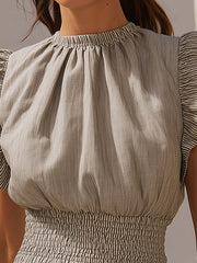 Grey Linen Blend Ruffle Sleeve Smocked Top