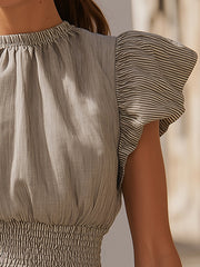 Grey Linen Blend Ruffle Sleeve Smocked Top