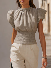 Grey Linen Blend Ruffle Sleeve Smocked Top